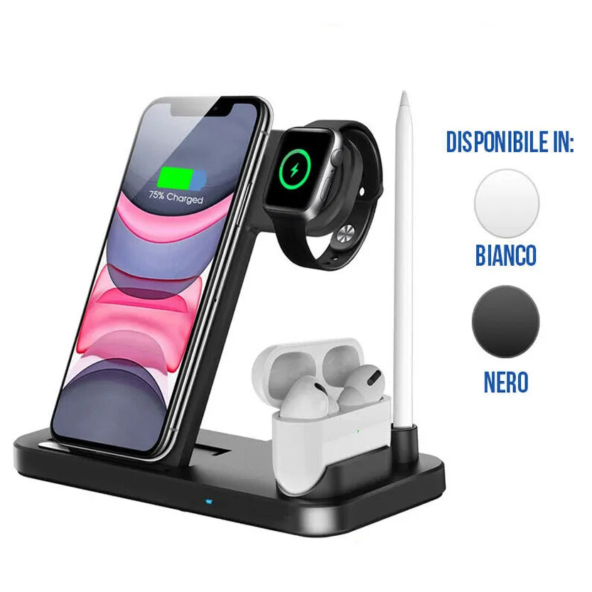 BASE RICARICA VELOCE 4 IN 1 DOCK WIRELESS IPHONE IWATCH APPLE PENCIL CUFFIE PODS
