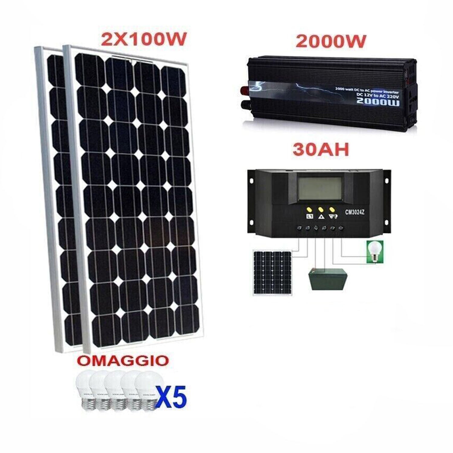 Kit Fotovoltaico 2 KW Pwm Inverter 2000W Pannello Solare 200W reg 30 amp CAMPER