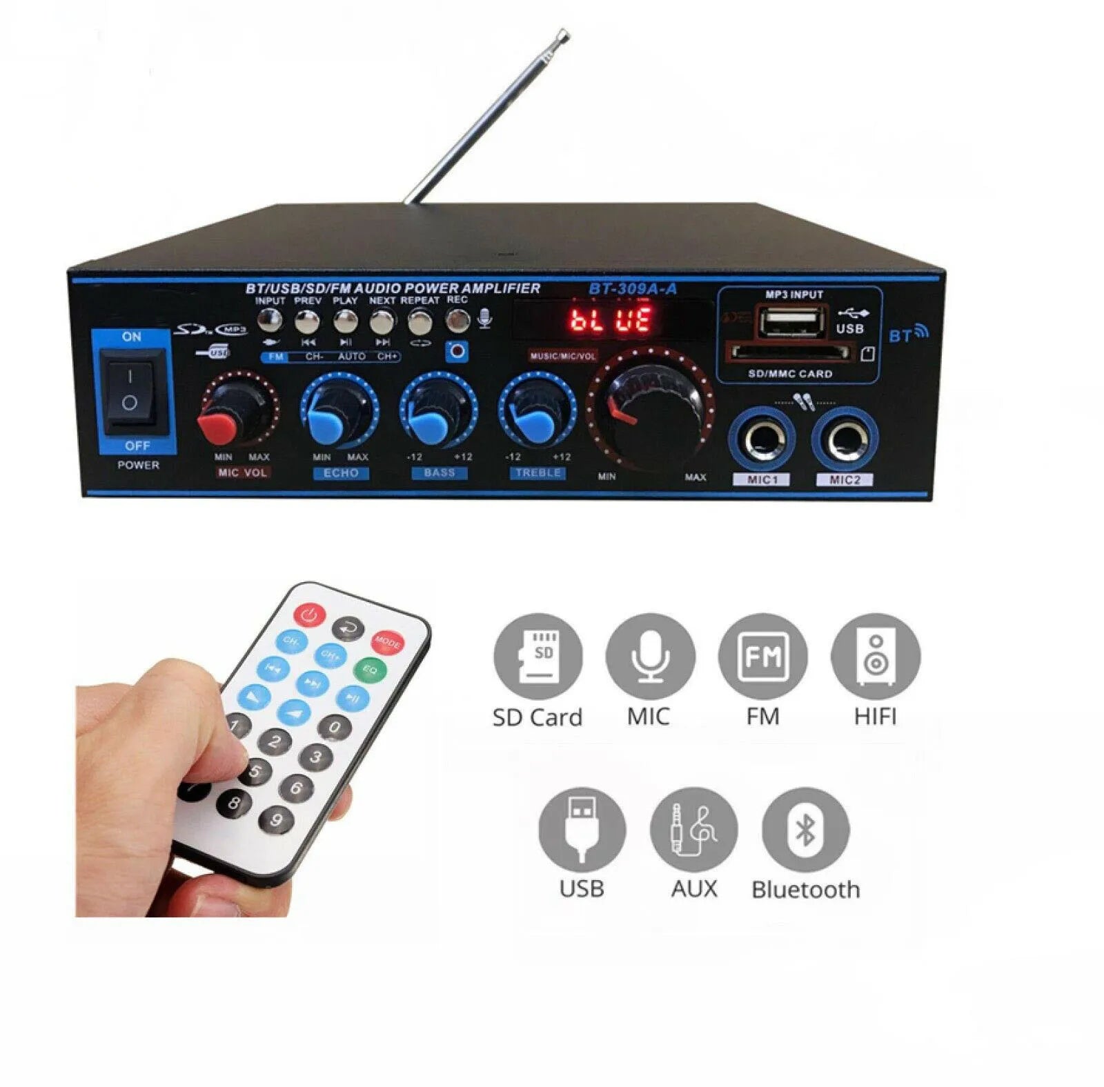 AMPLIFICATORE BLUETOOTH STEREO MP3 RADIO FM HI-FI USB AUX