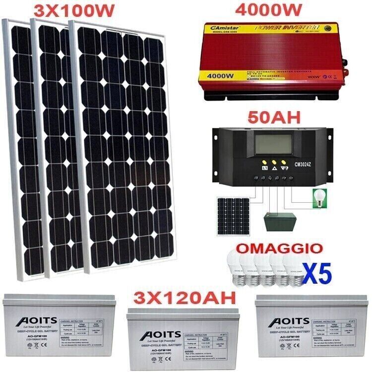 KIT FOTOVOLTAICO 3KW GIORNALIERO INVERTER 4000W PANNELLO ENERGIA BATTERIA 120 AH