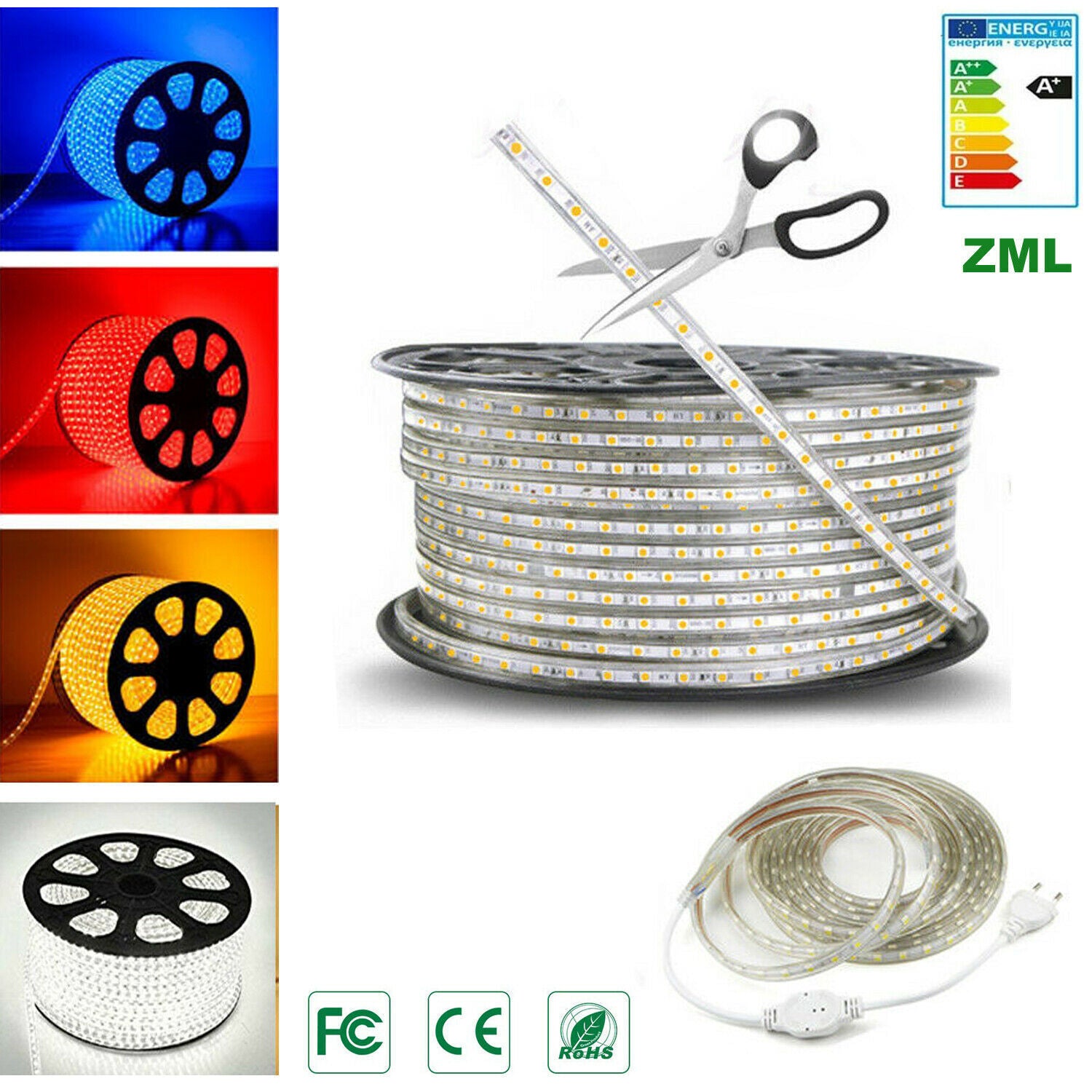 STRISCIA LED SMD 5050 SPINA DIRETTA 220V BIANCA TUBO ESTERNO BOBBINA 1M A 100 M