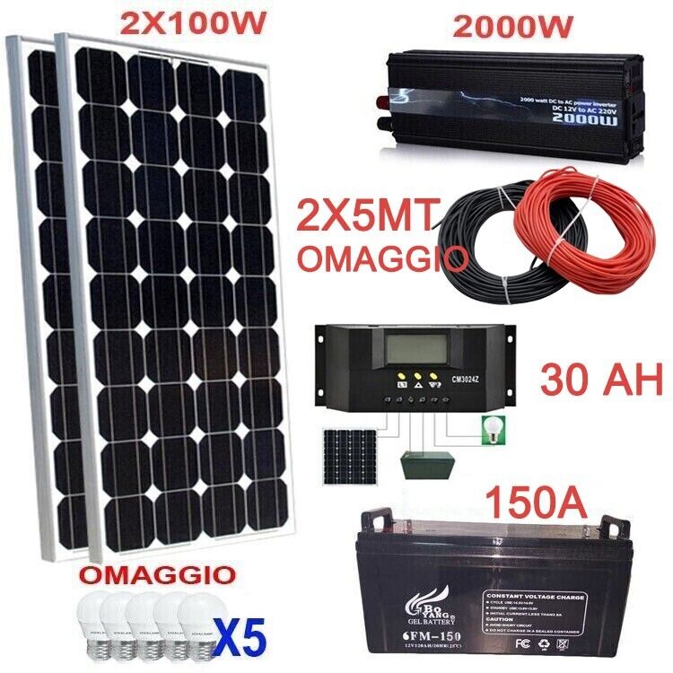 Kit Fotovoltaico 2 KW Pwm Inverter 2000W Pannello Solare 200W Batteria 150 Amp