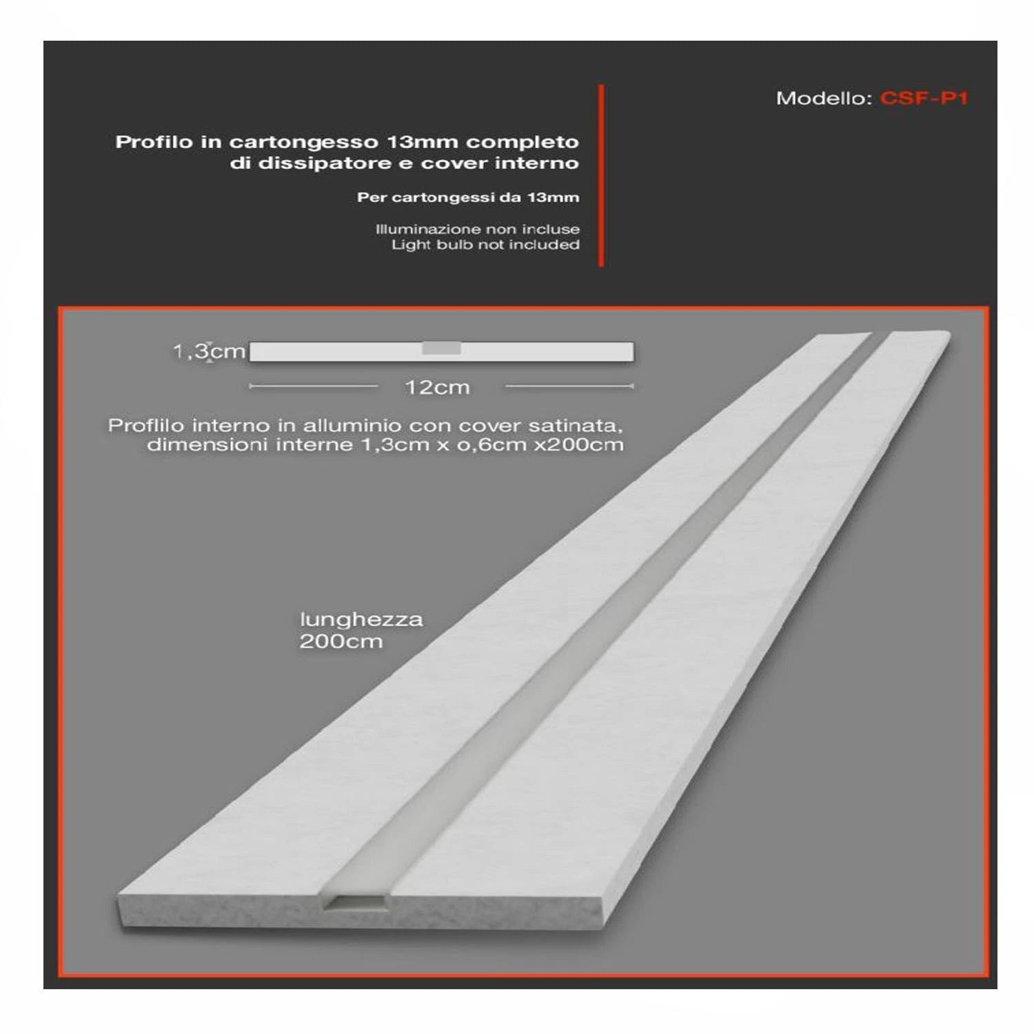 PROFILO IN CARTONGESSO CON BINARIO ALLUMINIO PER LUCE LED DA 2 mt CONF PZ.1