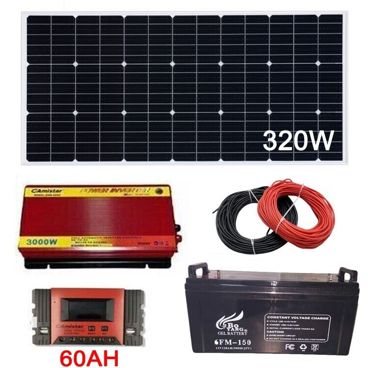 KIT Fotovoltaico 3kw pannello 320w Batteria 150 AH Inverter 3000W Regolatore 60A