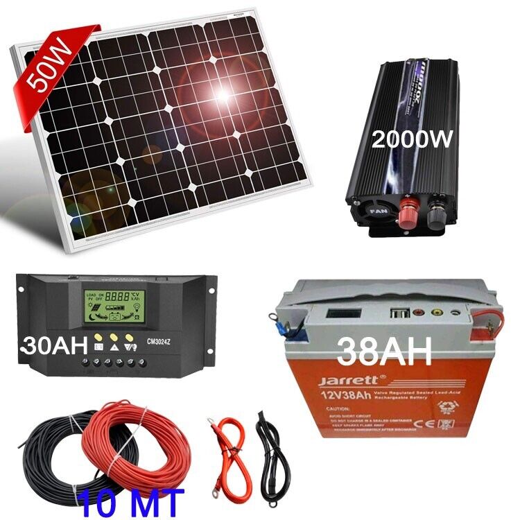 Kit Fotovoltaico 1KW Pwm Pannello Solare 50W Inverter 2000W BATTERIA 38AH Carica